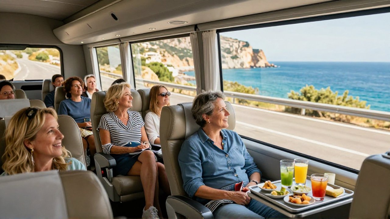 Viajeros de mediana edad conversan sonrientes en un autobús de lujo mientras recorren una costa mediterránea.