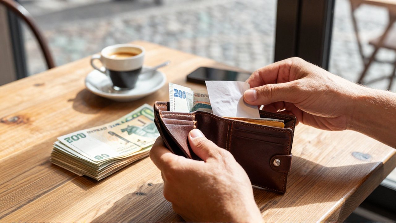 Manos organizando un monedero de cuero y billetes sobre una mesa de madera en un café.