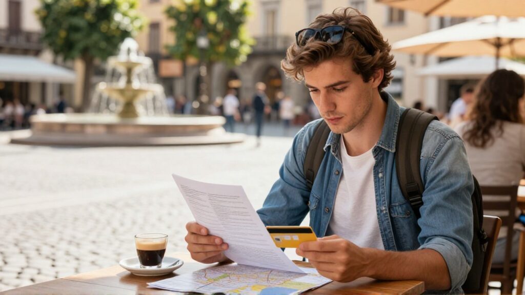 Joven viajero revisando un estado de cuenta y su tarjeta de crédito en una mesa de café bajo la luz del sol.