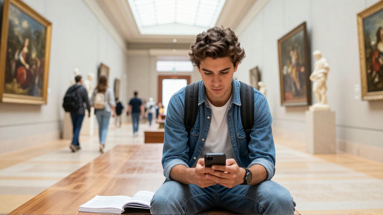 Un joven revisa su presupuesto en un celular sentado en un banco dentro de un museo.