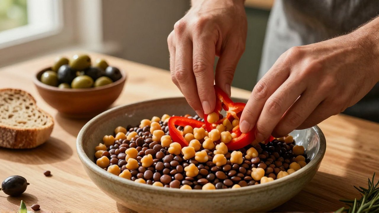 Manos preparando una ensalada de pimientos, garbanzos y lentejas en un cuenco sobre una mesa de madera.