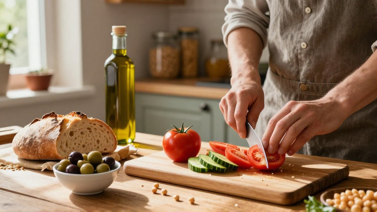 Manos cortando tomates y pepinos sobre una tabla de madera en una cocina rústica iluminada por el sol.