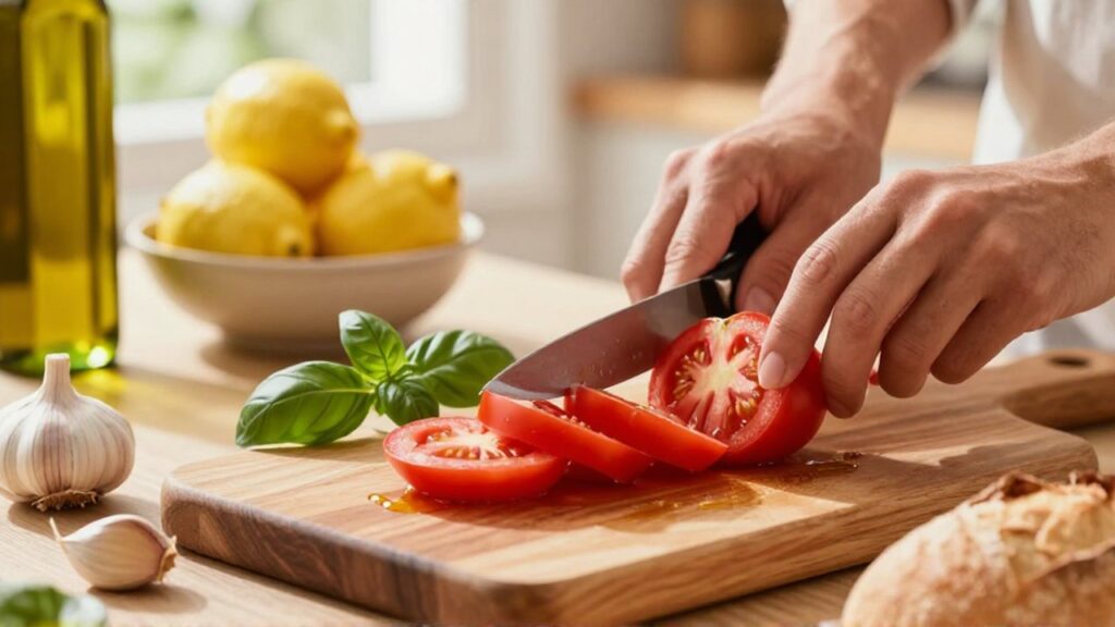 Manos cortando tomates y albahaca fresca sobre una tabla de madera en una cocina iluminada.