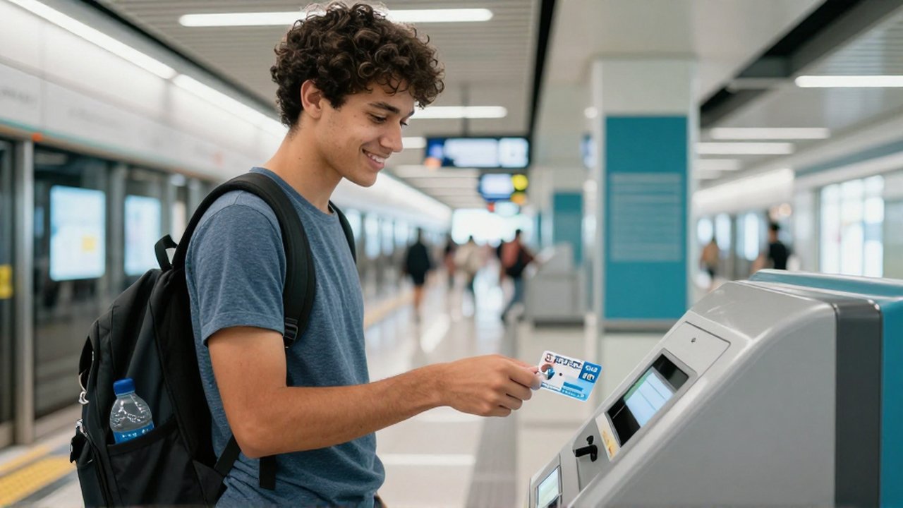 Un estudiante universitario sonríe al acercar su identificación a un terminal de transporte en una estación moderna.