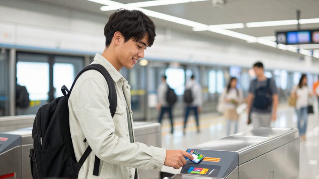 Estudiante sonriente acerca su tarjeta de transporte a un torniquete en una estación de metro.