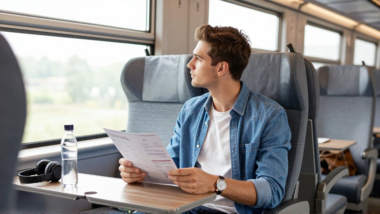 Un viajero reflexiona comparando opciones de viaje sentado junto a la ventana de un tren iluminado.