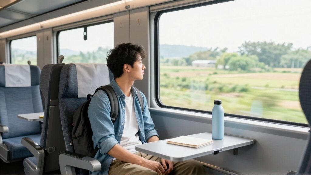 Un viajero con mochila observa el paisaje desde su asiento en un tren moderno y luminoso.