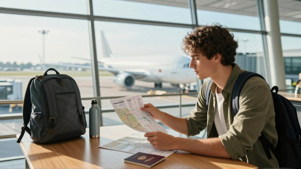 Un viajero analiza un mapa y su pasaporte frente a la ventanilla de una terminal de aeropuerto.