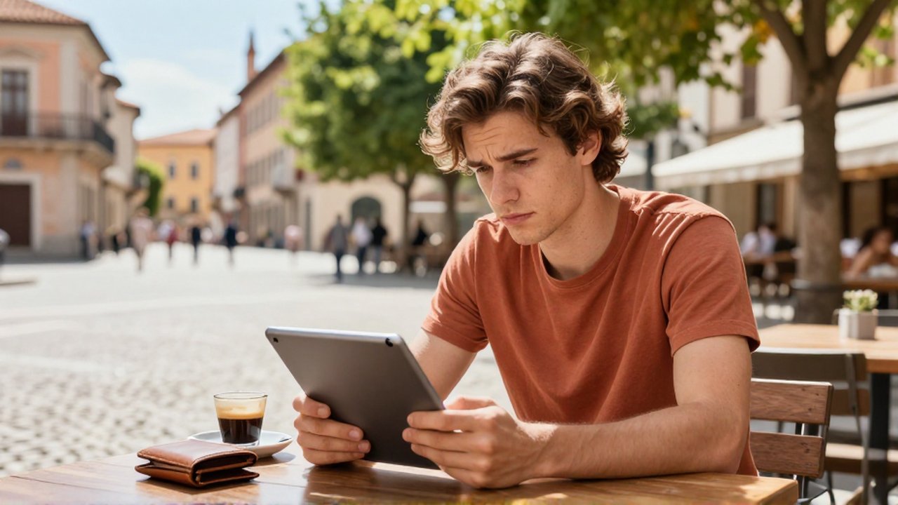 Una joven viajera compara una guía física con una tableta sentada en una terraza soleada.