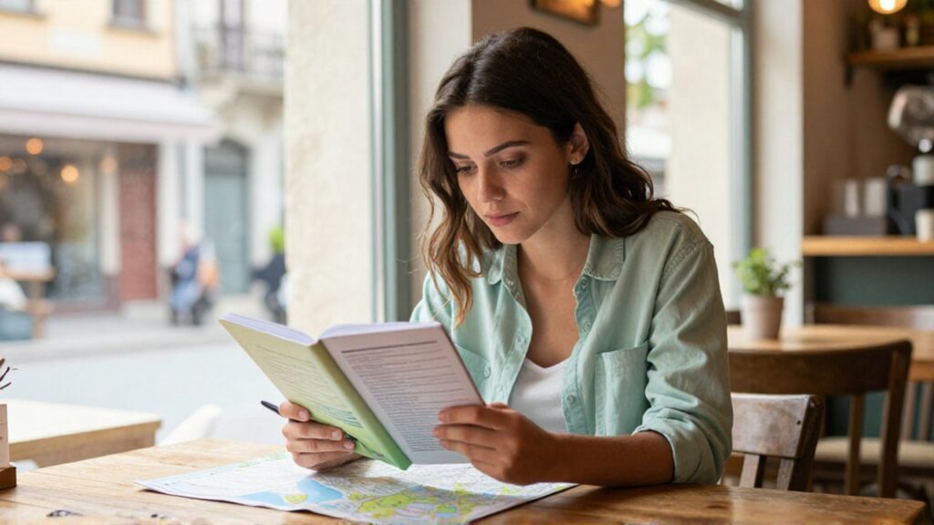 Una joven viajera planifica su alojamiento con una tableta y un mapa en un café luminoso.
