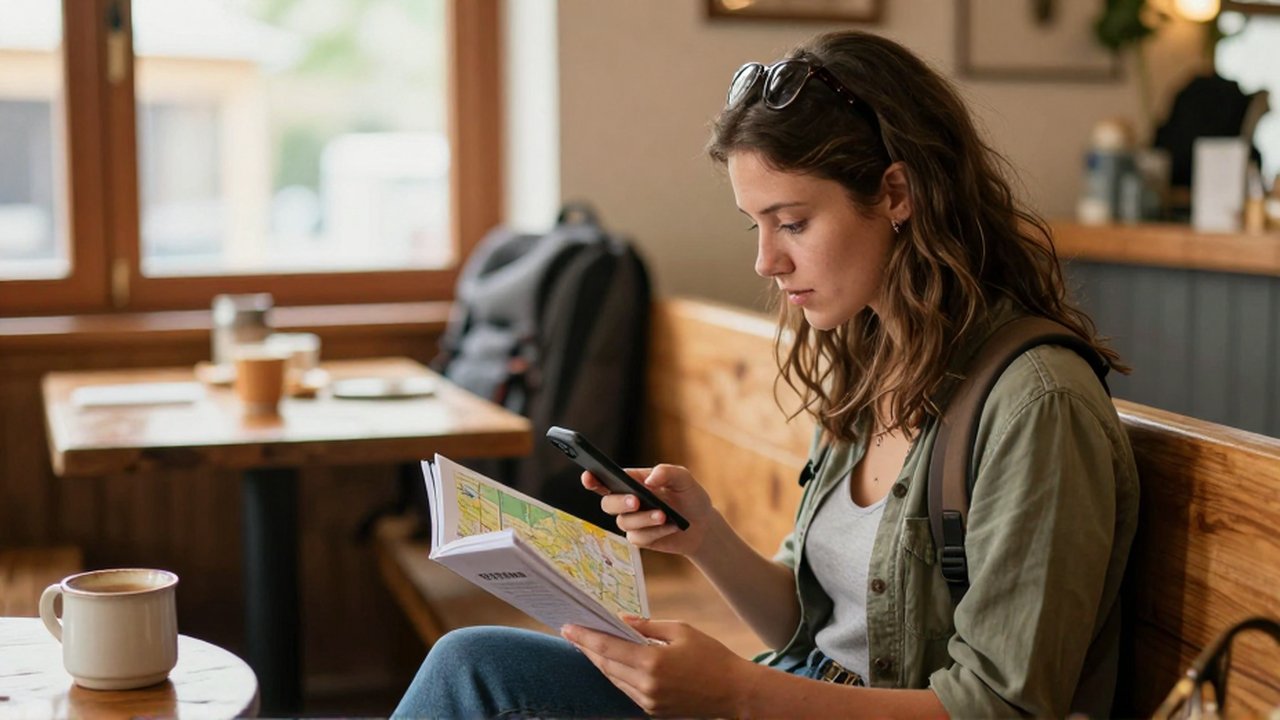Una joven viajera estudia un mapa digital y una guía impresa sentada en un albergue iluminado.