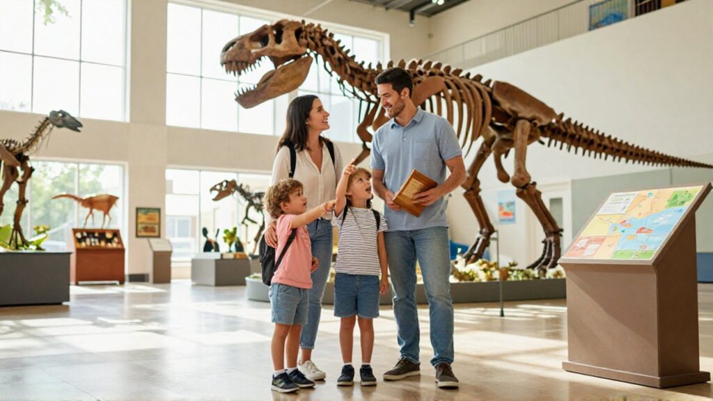 Una familia con dos niños pequeños observa con entusiasmo un esqueleto de dinosaurio en un museo iluminado.