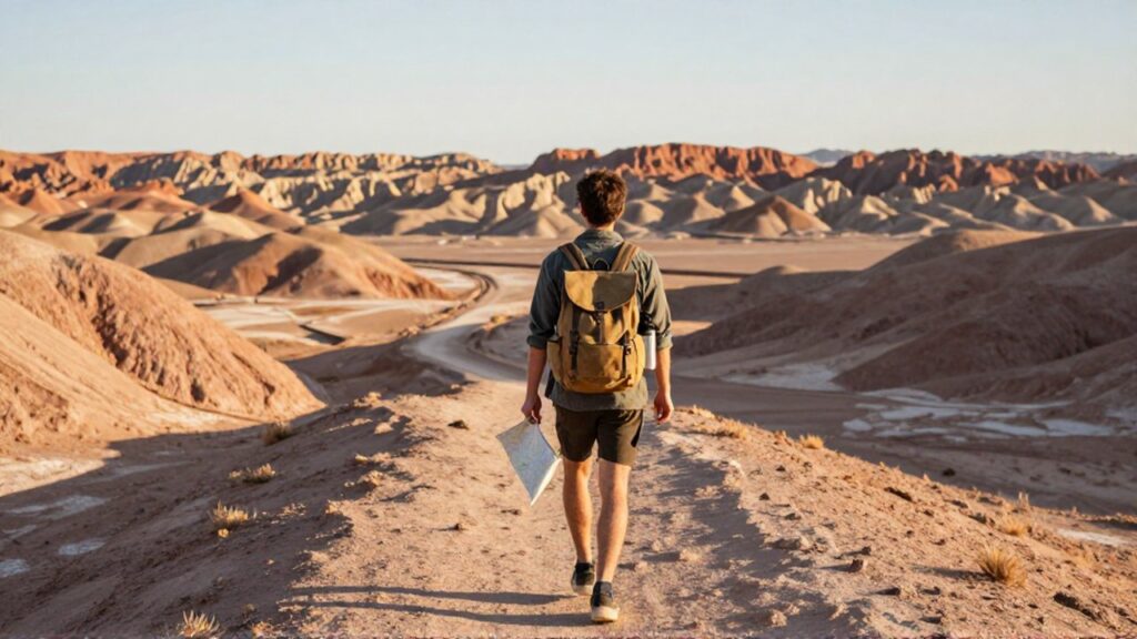Un joven viajero con mochila camina por un sendero de arena entre formaciones rocosas desérticas.