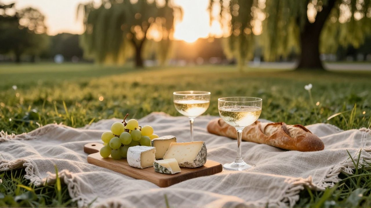 Picnic romántico con quesos, frutas y copas de sidra sobre la hierba al atardecer.