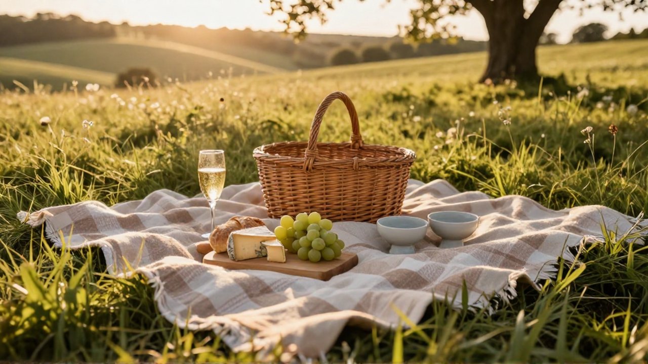 Picnic romántico con quesos, pan y sidra sobre una manta en un prado soleado.