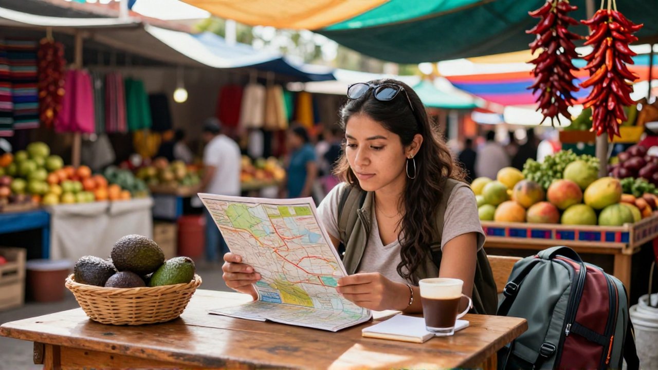 Una joven viajera estudia un mapa y una libreta sentada en un mercado mexicano colorido.