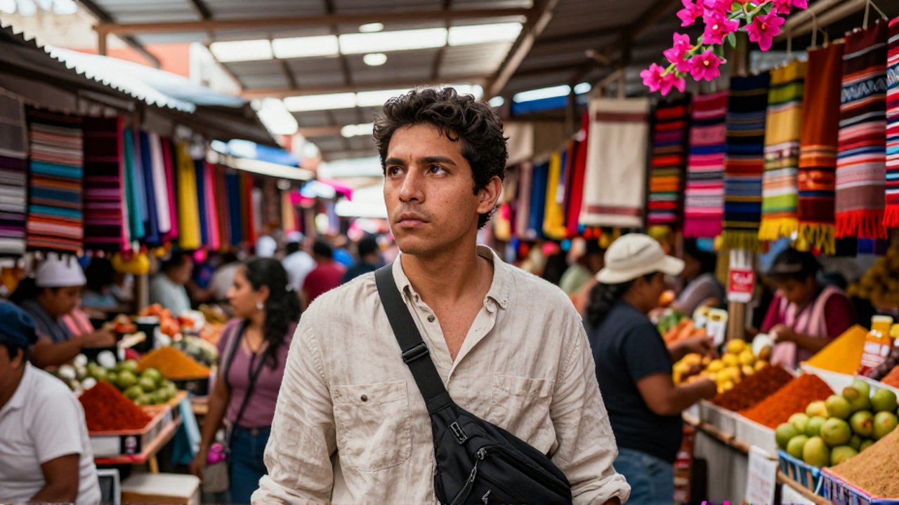 Un viajero alerta con mochila cruzada navega entre puestos coloridos de un concurrido mercado mexicano.