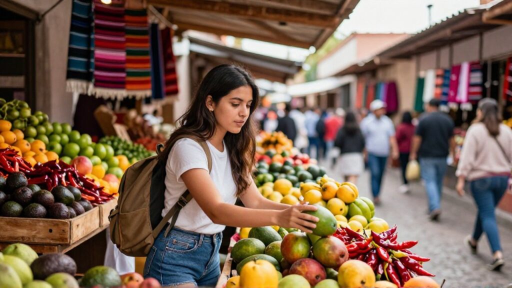Una joven viajera con mochila elige un mango en un colorido y concurrido mercado tradicional.