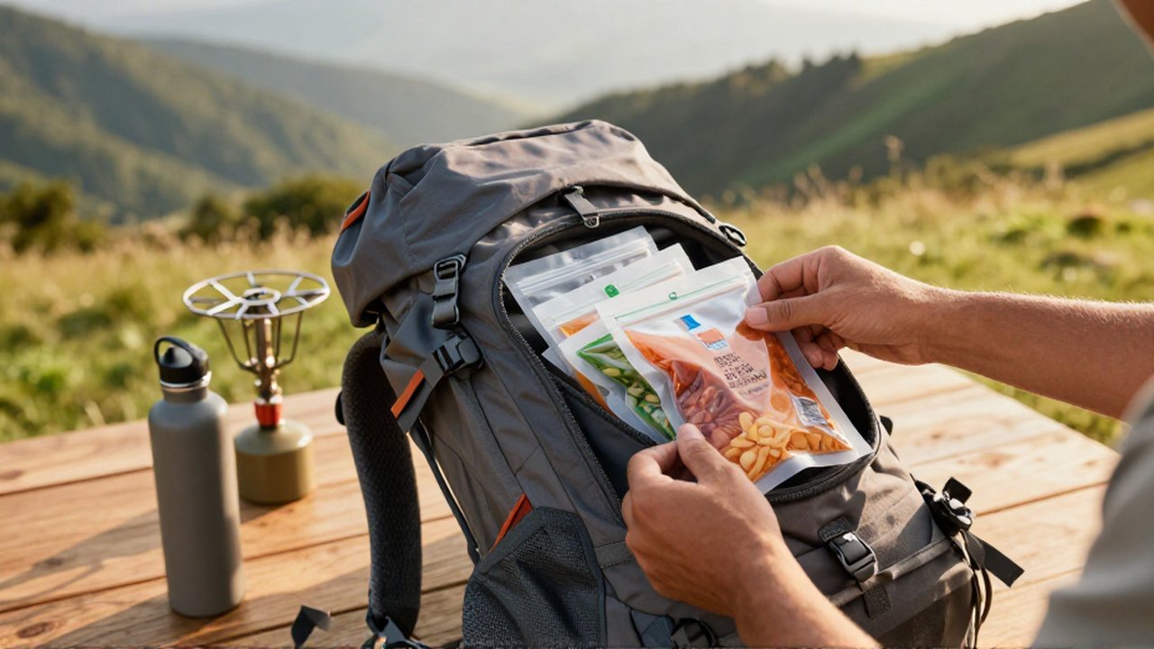 Manos organizando snacks y comida deshidratada dentro de una mochila de senderismo sobre una mesa de madera.
