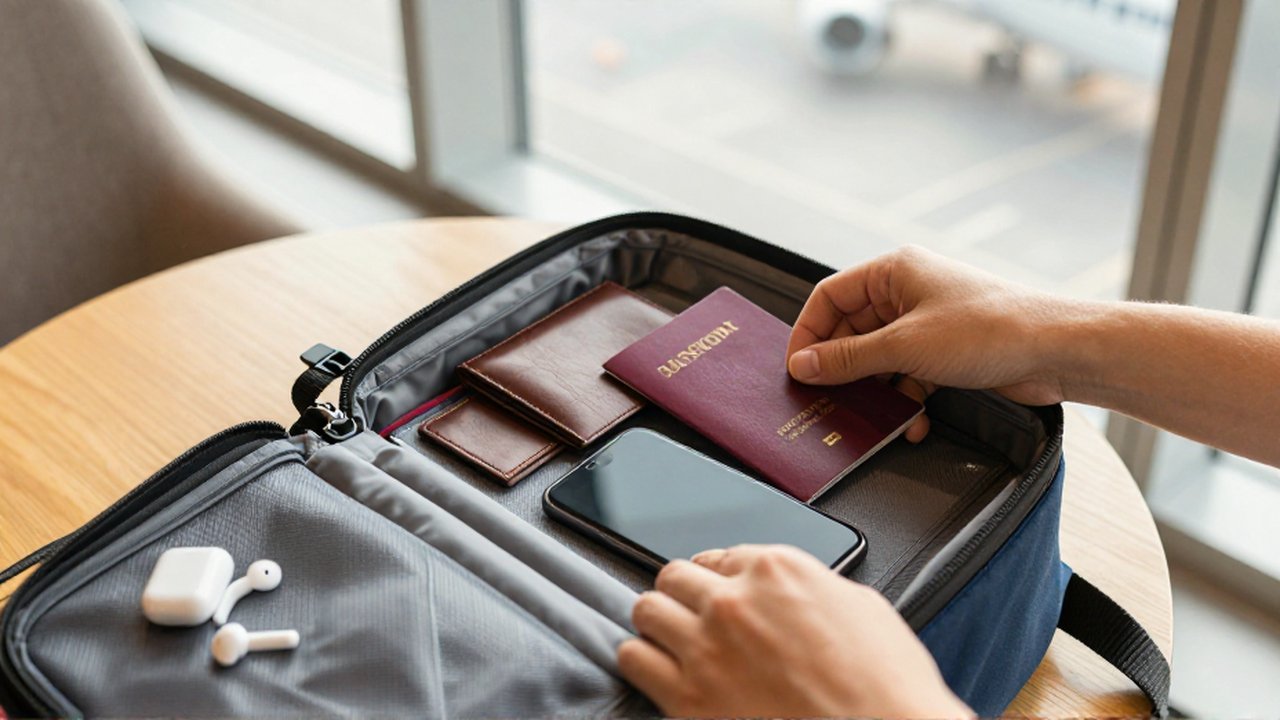 Manos de un viajero guardando un estuche con pasaporte y móvil en un compartimento organizado de su mochila.