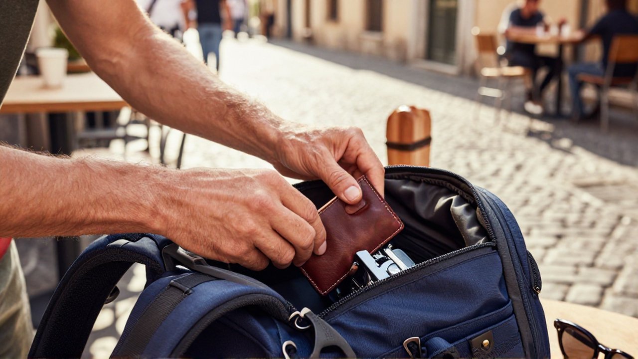 Manos de un viajero guardando una billetera y una cámara en un compartimento oculto de una mochila en un café al aire libre.