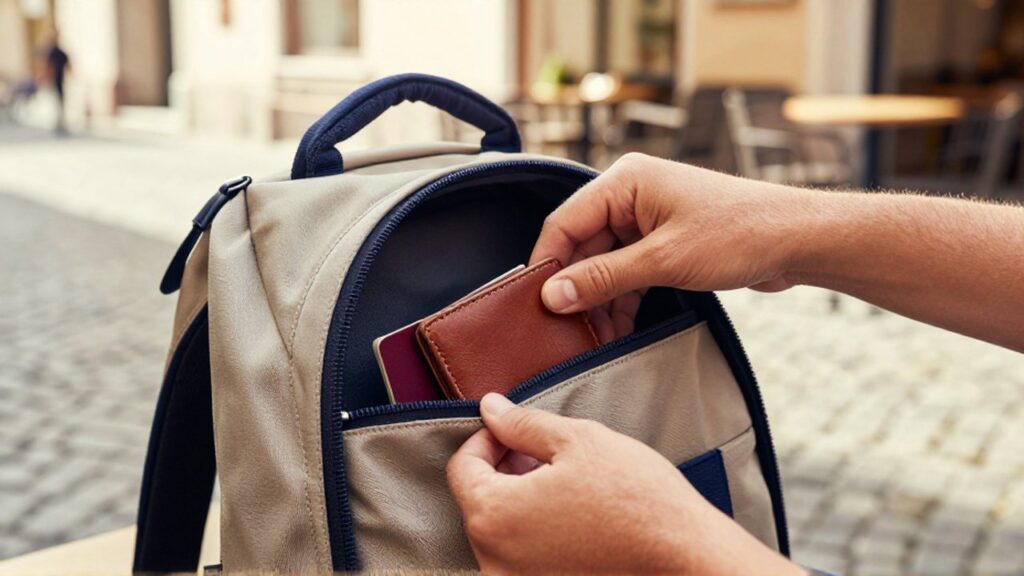 Manos guardando una cartera y un pasaporte en un bolsillo oculto de una mochila.