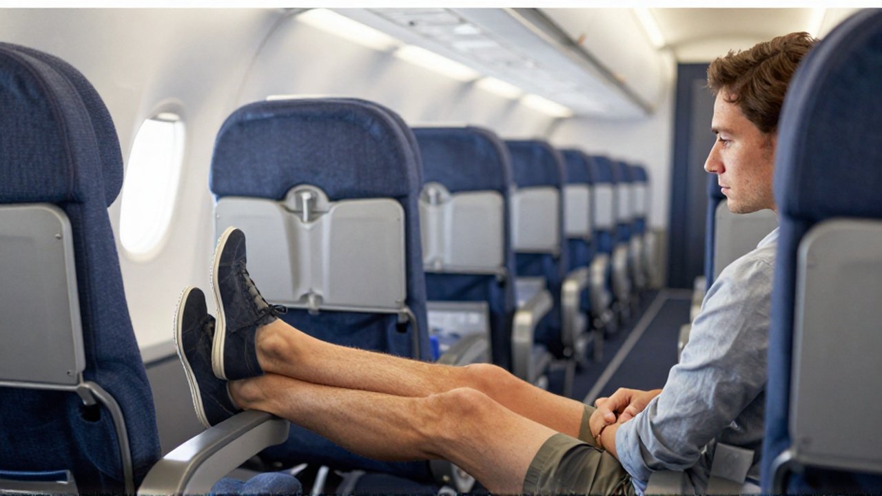 Un pasajero relajado estira las piernas en un asiento de avión con amplio espacio.