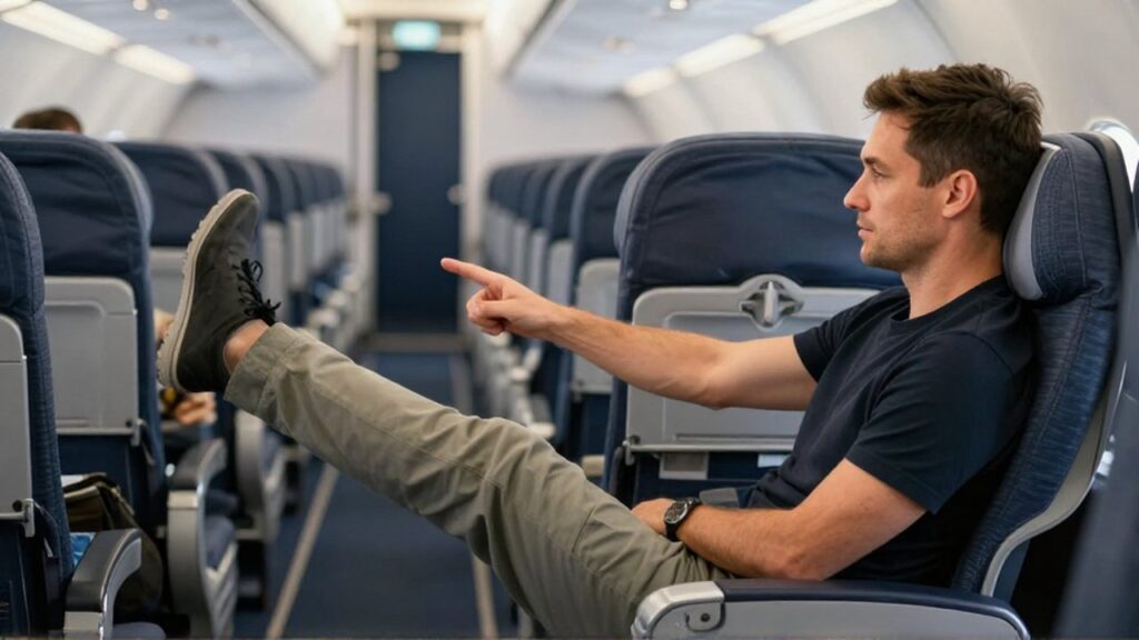 Hombre sentado en un avión estirando las piernas para mostrar el amplio espacio disponible.