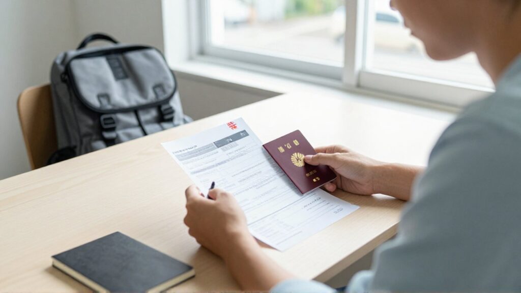 Un viajero revisa documentos de visa y su pasaporte japonés sobre un escritorio de madera iluminado por el sol.