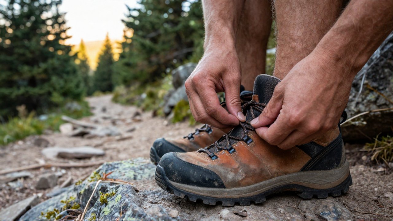 Unas manos inspeccionan el desgaste y los daños de una bota de montaña sobre una roca.