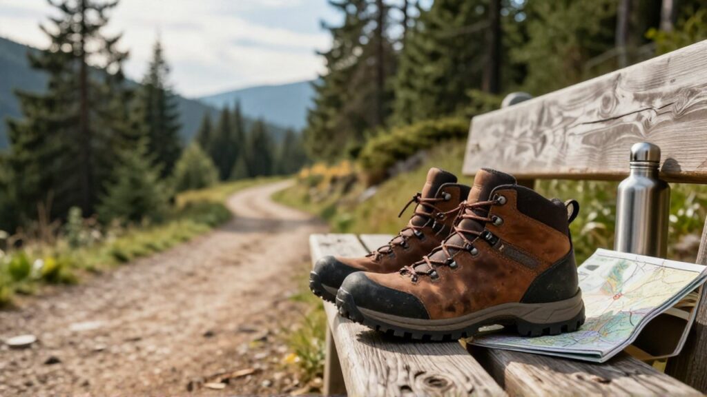 Botas de senderismo sobre un banco de madera con un mapa y una botella junto a un sendero boscoso.