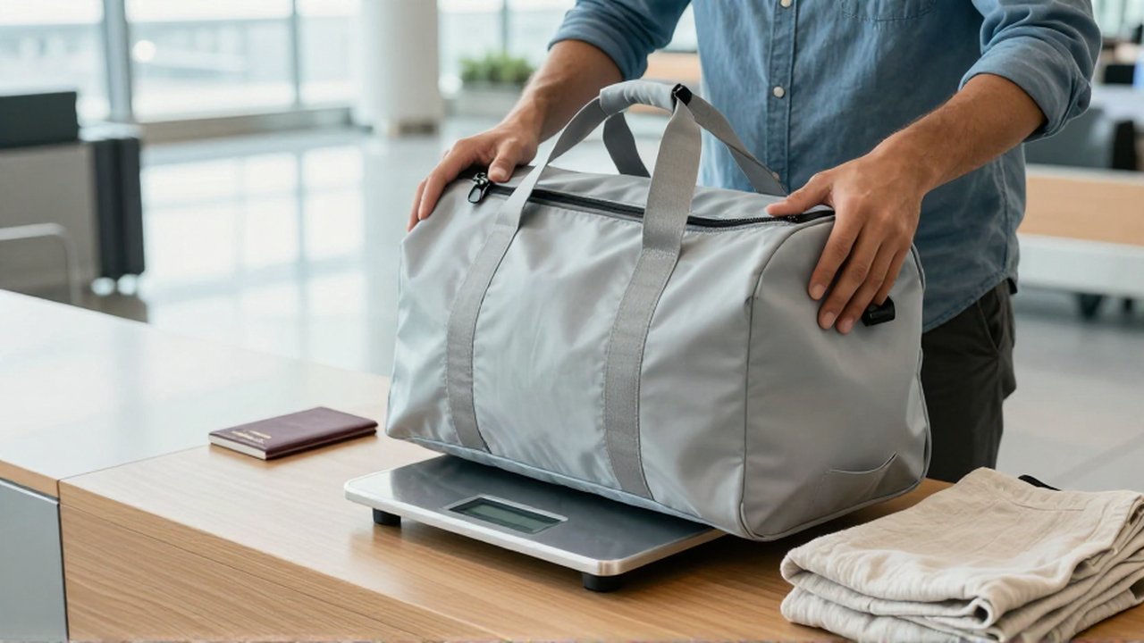 Manos de un viajero colocando una bolsa de nailon sobre una báscula en un mostrador de aeropuerto.