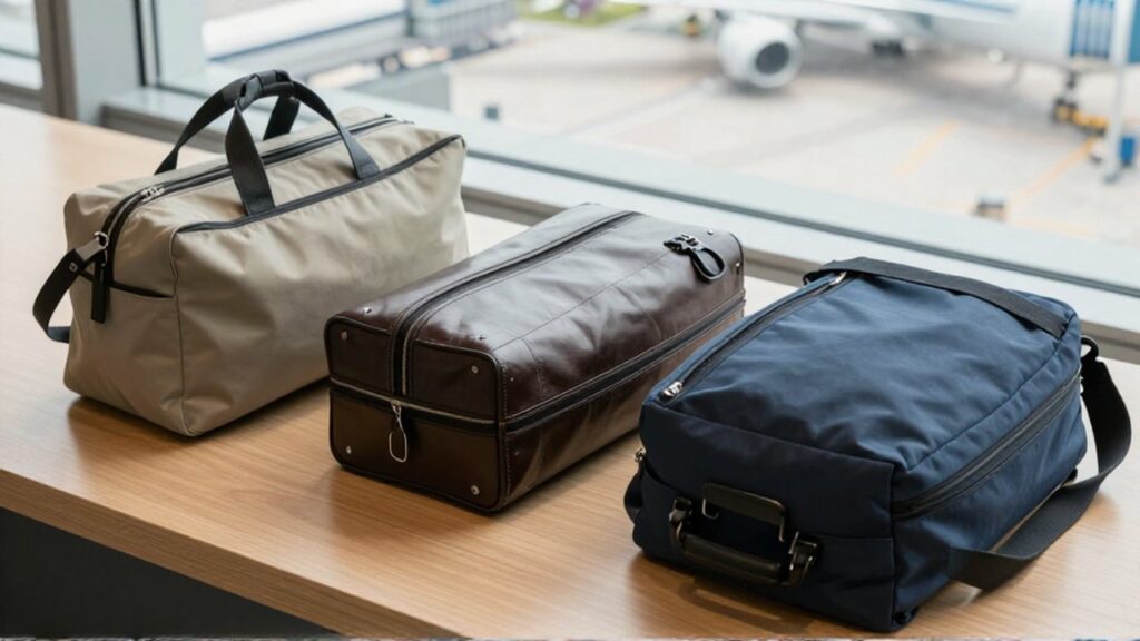 Tres maletines de viaje minimalistas en tonos neutros dispuestos sobre una mesa de madera en una terminal.