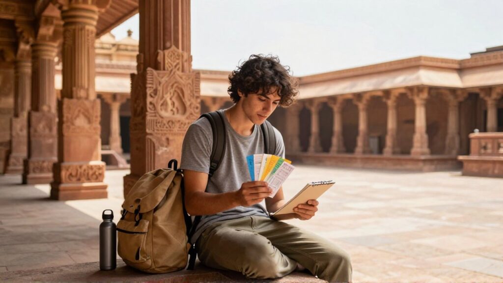 Una joven viajera revisa boletos y un cuaderno sentada en un templo de piedra arenisca.