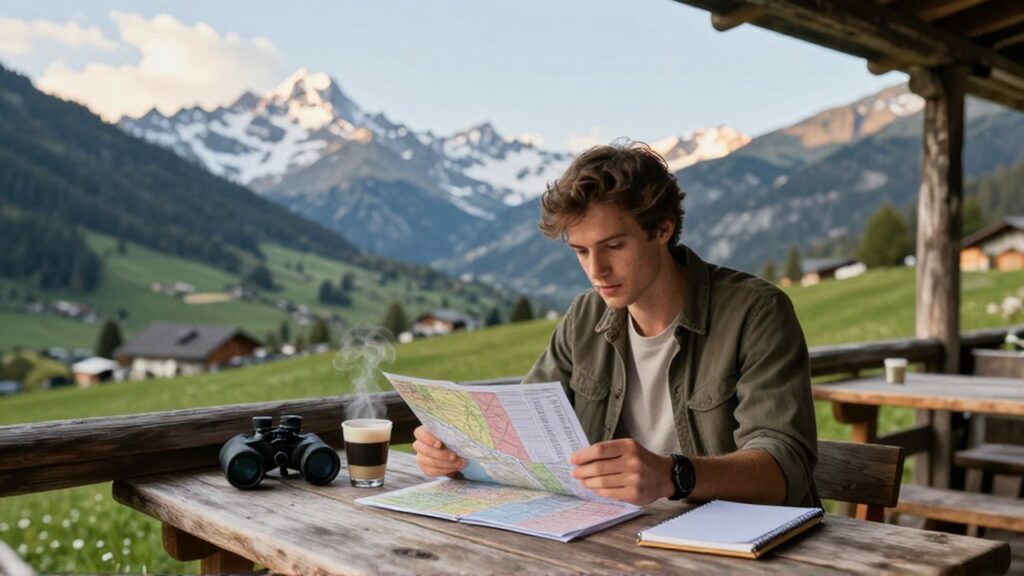 Joven viajero consulta un mapa y libreta en una terraza con vistas a los Alpes franceses.