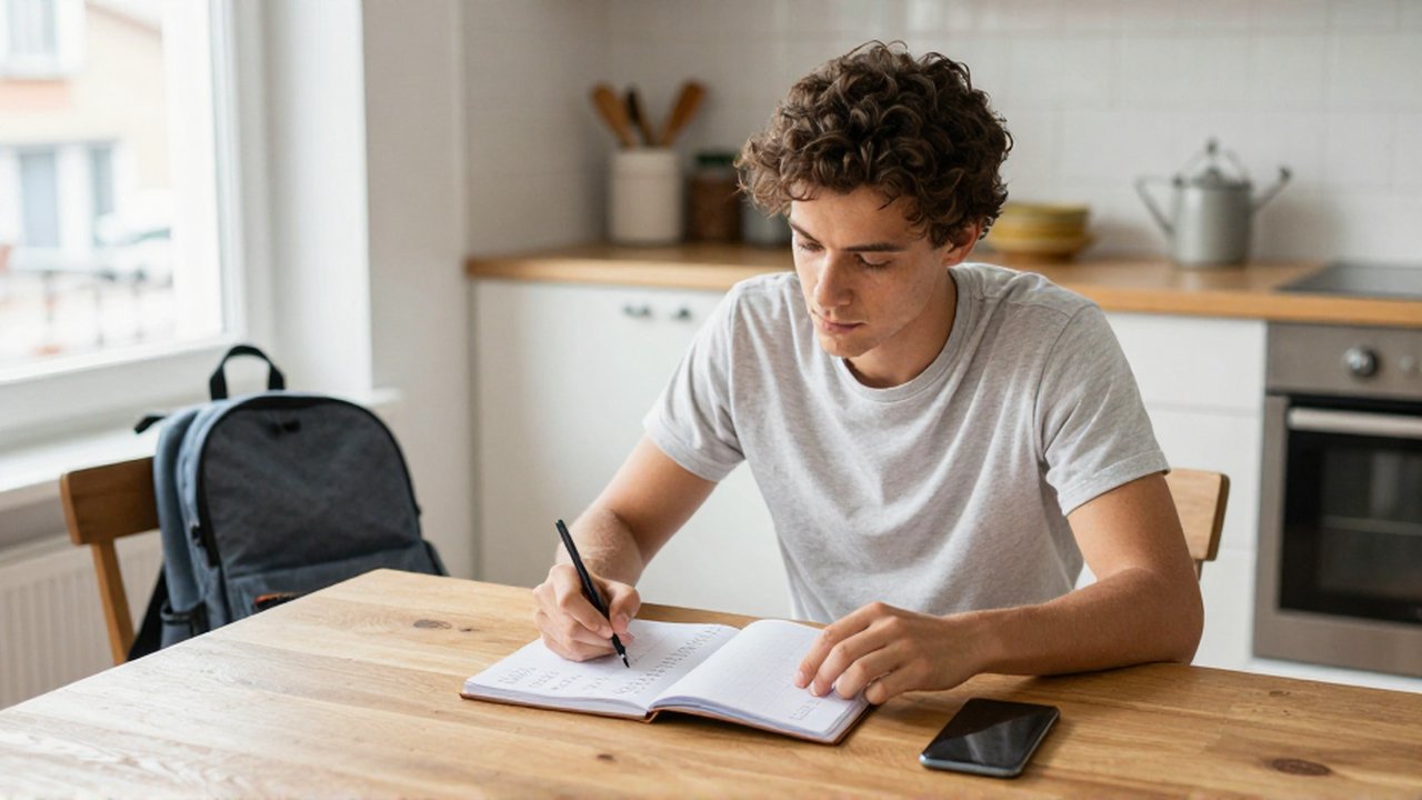 Un joven viajero compara precios en un cuaderno y su móvil en una cocina iluminada.