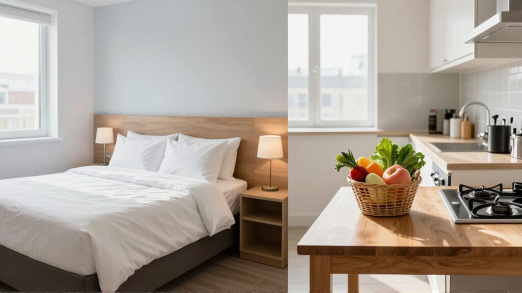 Comparativa dividida entre una habitación de hotel moderna y una cocina de apartamento acogedora.