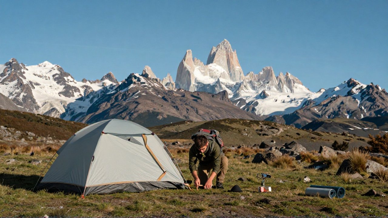 Un joven mochilero instala su tienda de campaña en una meseta frente a los picos nevados de los Andes.