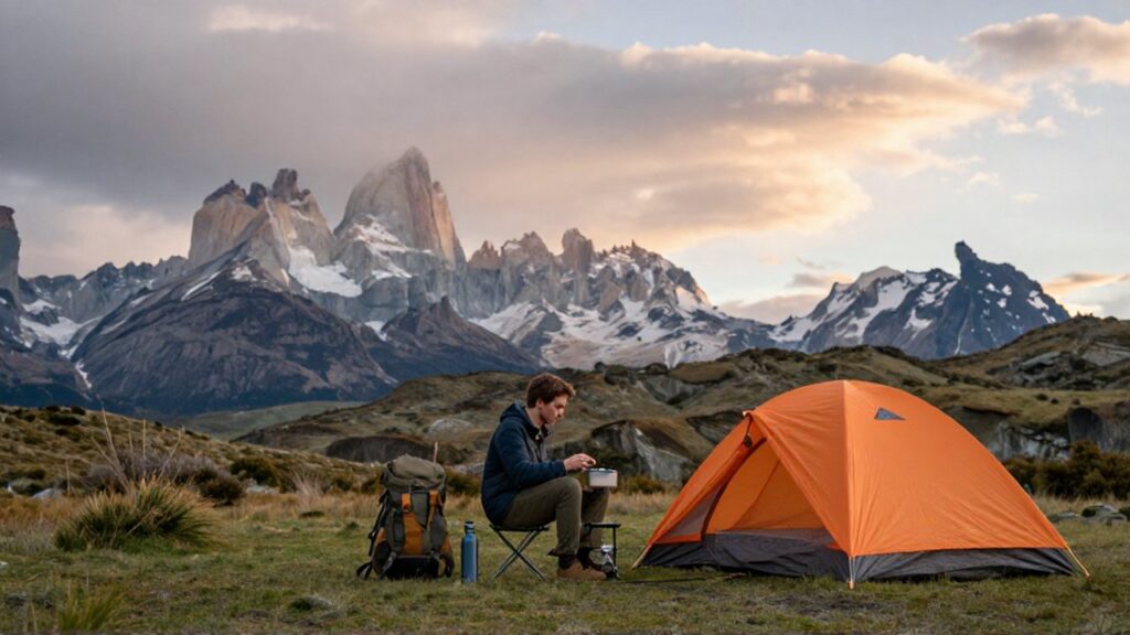 Un viajero prepara comida frente a su tienda de campaña con las torres de Torres del Paine al fondo.