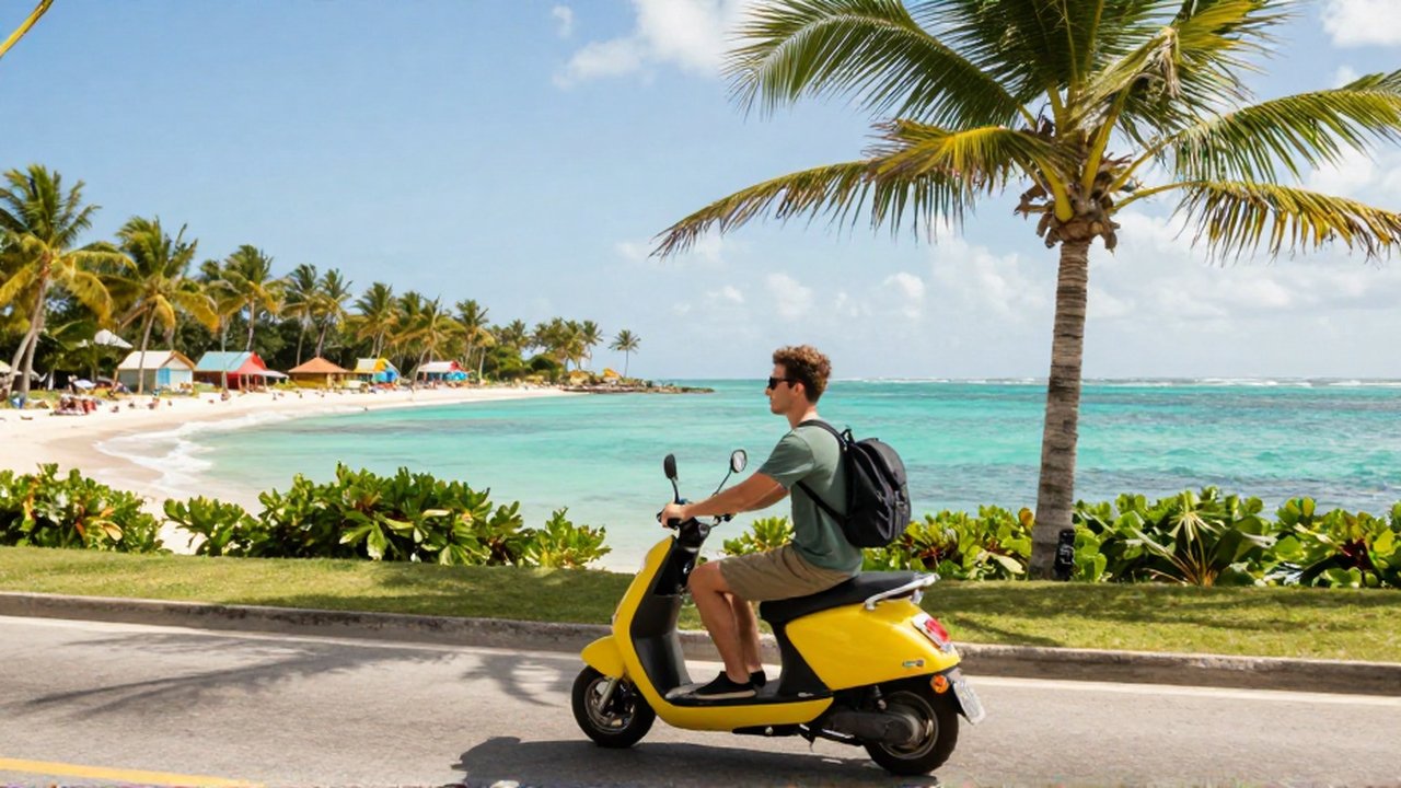 Joven viajero en un scooter eléctrico recorre una carretera costera con palmeras y mar turquesa.
