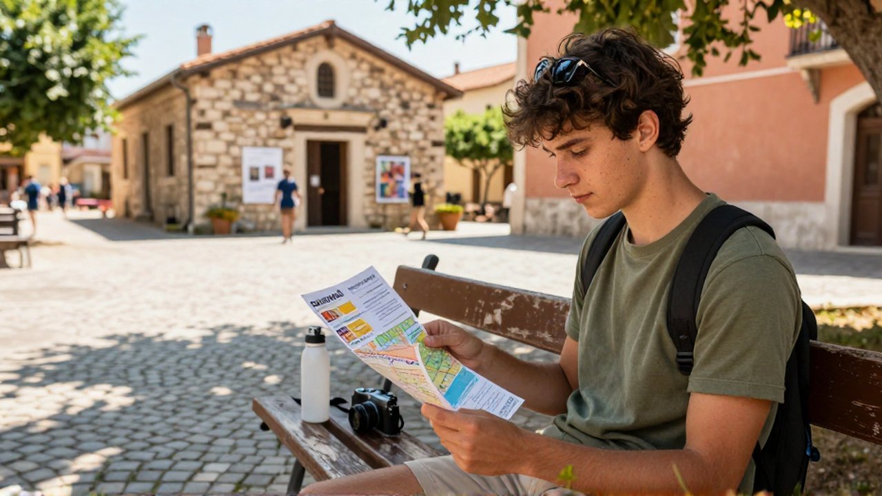 Un joven viajero estudia un mapa y un folleto sentado en un banco en una plaza mediterránea.