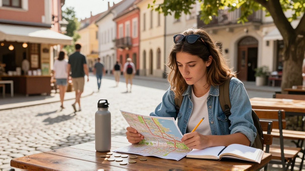 Una joven viajera estudia un mapa y toma notas sentada en una mesa en una plaza europea soleada.