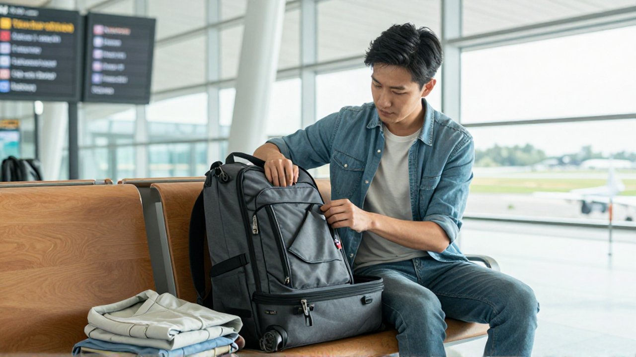 Un joven viajero organiza cuidadosamente su equipaje de mano en la terminal de un aeropuerto luminoso.