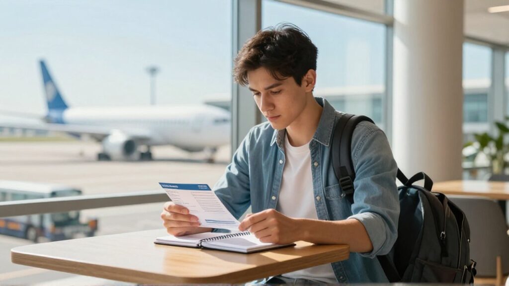 Un viajero revisa su pase de abordar y notas en una luminosa sala de espera de aeropuerto.