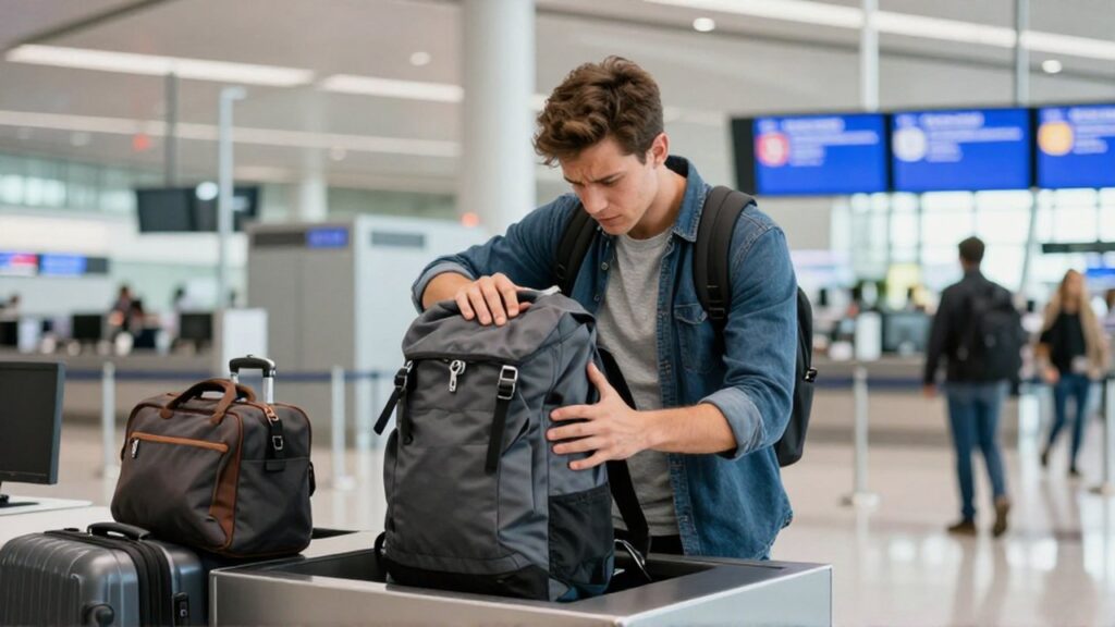 Joven viajero ansioso intenta meter una mochila sobrecargada en el medidor de equipaje de un aeropuerto.