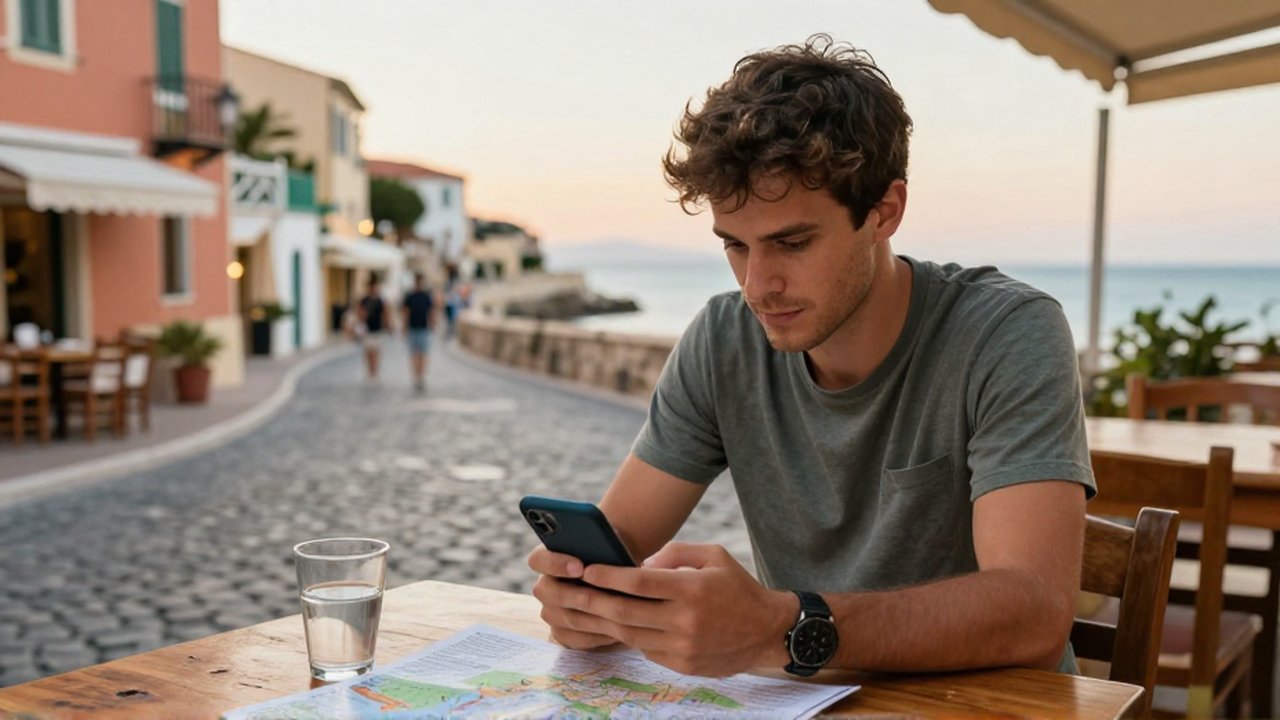 Un viajero consulta su teléfono en una terraza mediterránea para elegir un restaurante.