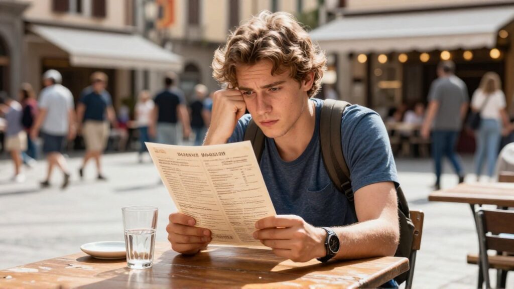 Un joven viajero examina con desconfianza un menú manuscrito en una mesa frente a una plaza europea concurrida.