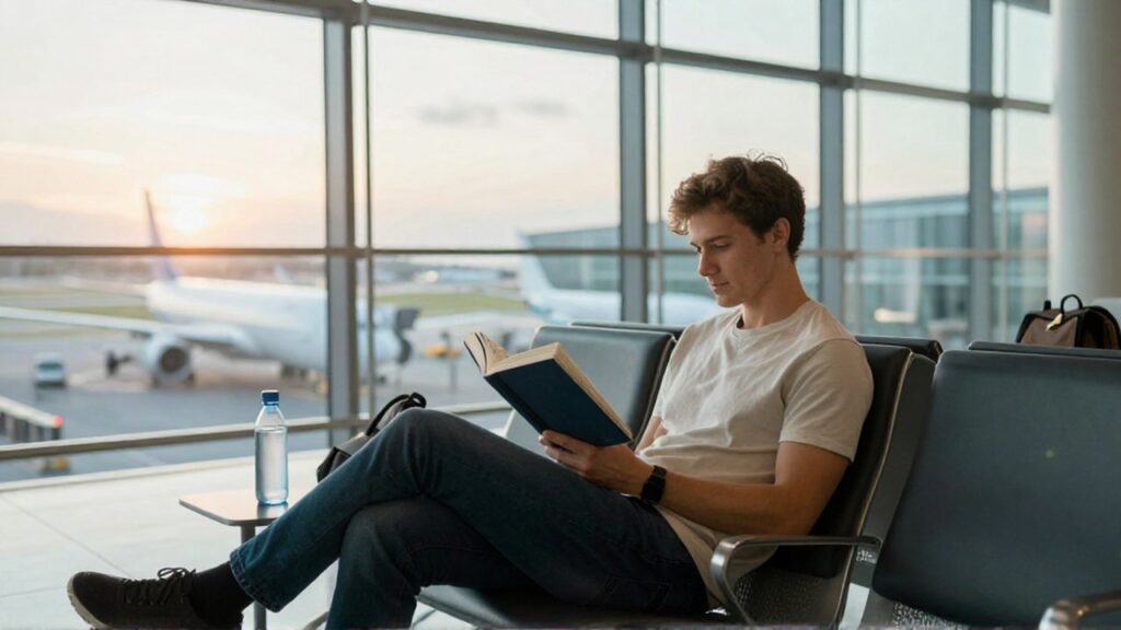 Un joven viajero lee tranquilamente sentado en una moderna sala de espera de un aeropuerto.
