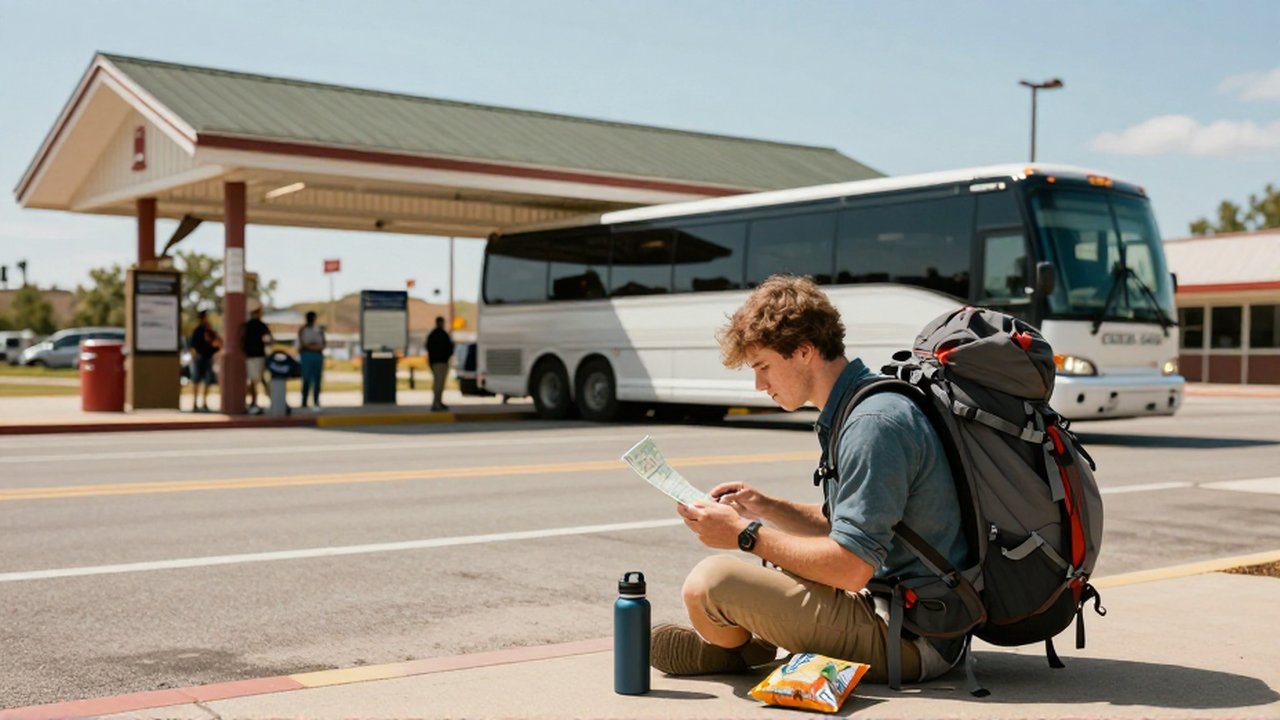 Joven viajero con mochila y mapa consulta su teléfono frente a una estación de autobuses.