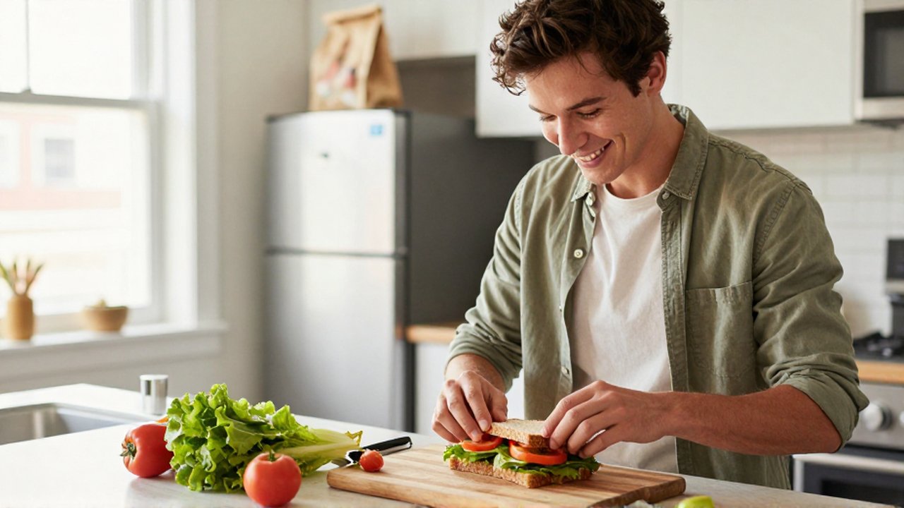 Un joven sonriente prepara un sándwich saludable con vegetales en la cocina de un hostal.